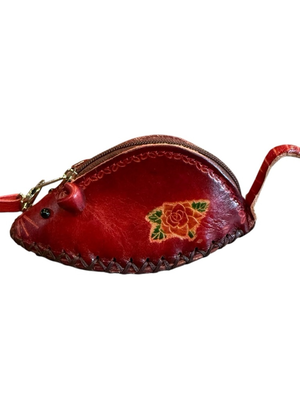 Red Leather Rose Embroidered Mouse Wristlet Coin Purse